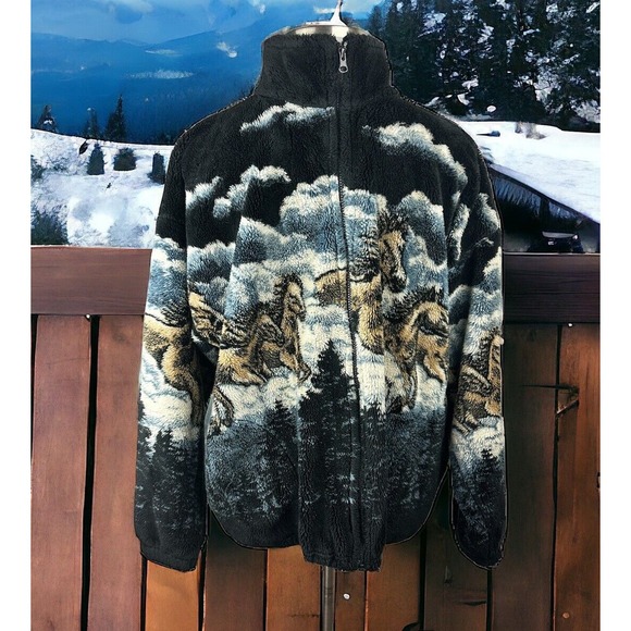 Mazmania Other - Vtg Mazmania Horse Fleece Sherpa Coat Multicolor Full Zip USA Made Equestrian XL